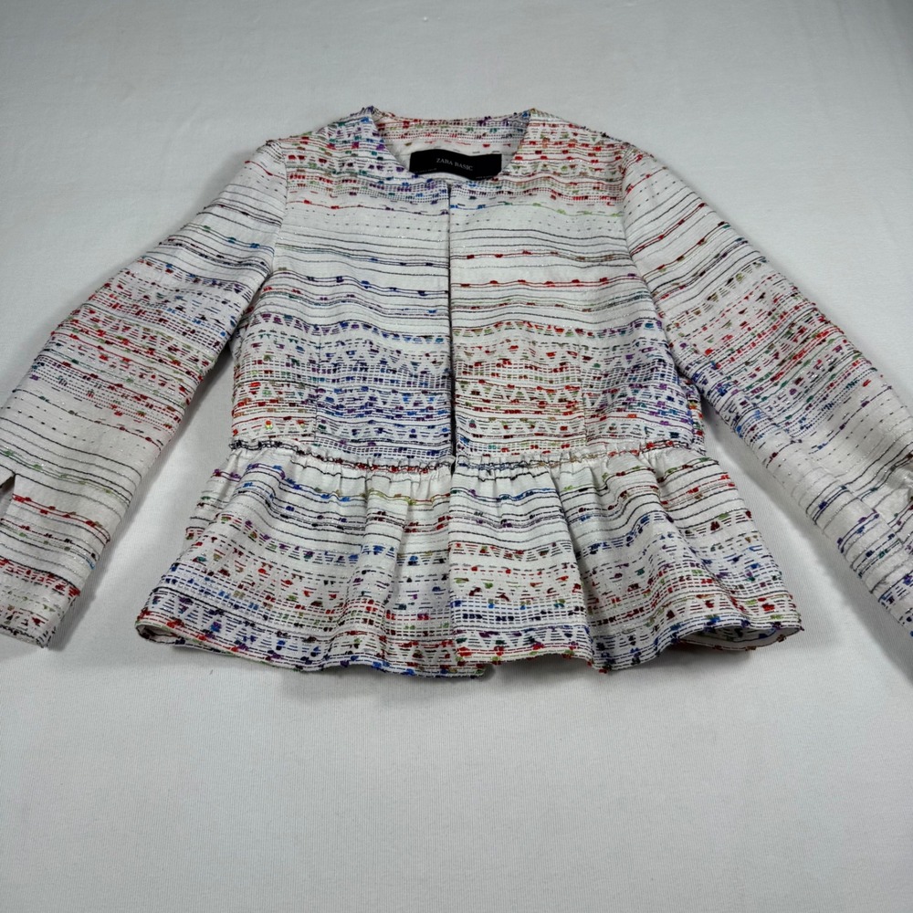 Zara Basic Peplum Jacket S White Multicolor Striped Metallic Textured Tweed